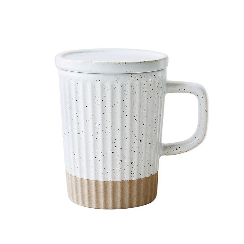 Japanese vertical patterned mug with lid ceramic cup, retro ins style white sesame glaze coarse ceramic coffee cup