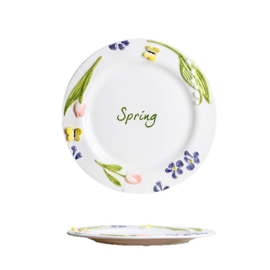 Underglaze colored plate, French style dining plate, high aesthetic value, hand-painted relief, rustic style, ceramic Western cuisine plate, jewelry tray