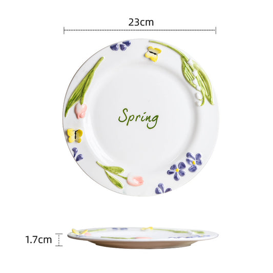 Underglaze colored plate, French style dining plate, high aesthetic value, hand-painted relief, rustic style, ceramic Western cuisine plate, jewelry tray