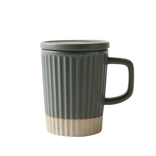 Japanese retro coarse pottery cup, ceramic coffee cup, mug with lid, vertical pattern hanging ear cup