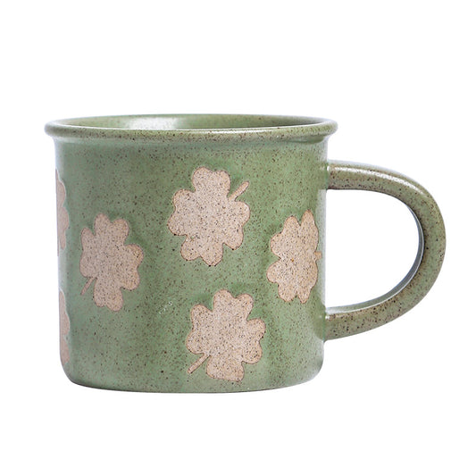 Coarse ceramic coffee cup, retro ceramic mug, small size ins, sesame glaze, four leaf clover green kiln transformed breakfast cup