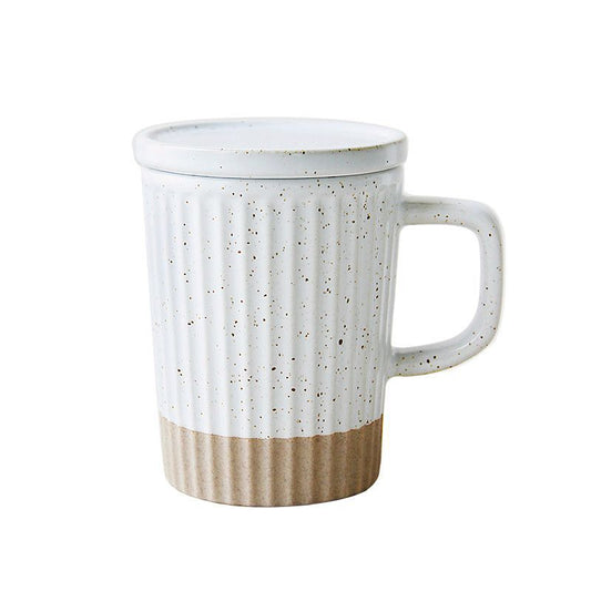 Japanese vertical patterned mug with lid ceramic cup, retro ins style white sesame glaze coarse ceramic coffee cup